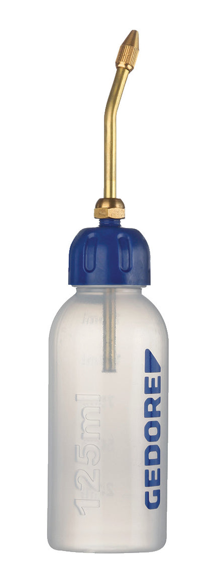 298-01 - Aceitera 298-01: Aceitera plástica translúcida de 125 ml con boquilla metálica curva y tapa azul