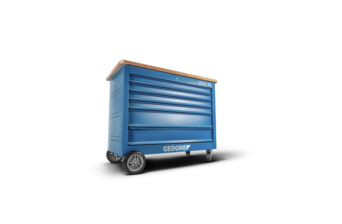 KL-4999-120 A - Carro de taller con 4 cajones: Carro de taller azul con seis cajones, encimera de madera y ruedas