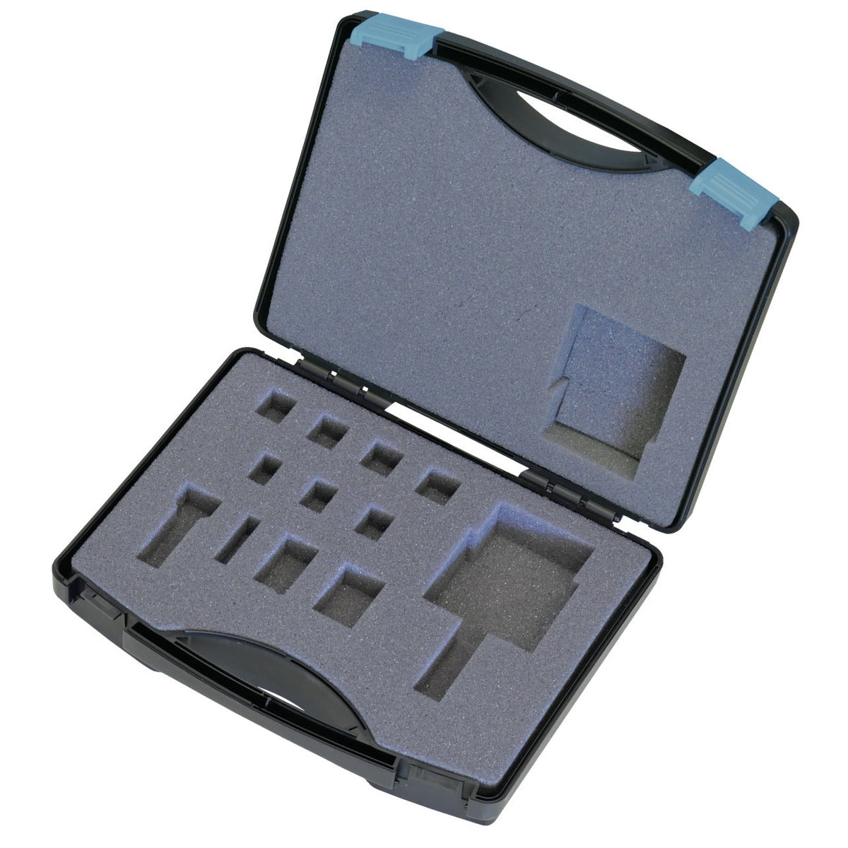 KL-0069-5030 - Caja de plástico vacía: Maletín de plástico abierto con espuma recortada en compartimentos vacíos