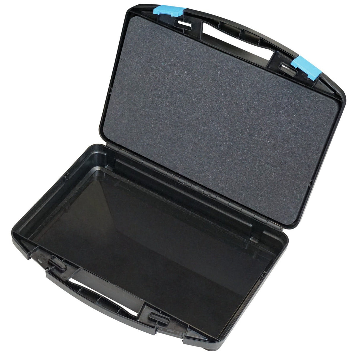 KL-4990-9372 - Maletín de plástico (vacío): Maletín de plástico negro vacío, abierto, con cierres azules