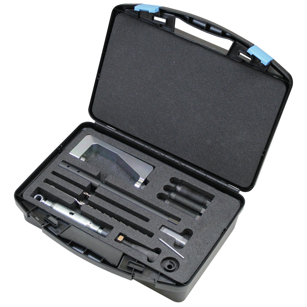 KL-0250-43 KB - Kit de herramientas de taladrado para pernos de puntal, Grupo VAG: Maletín negro abierto