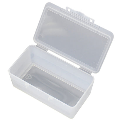 KL-4990-2002 - Caja de almacenamiento de plástico, 53x107x40mm: Caja plástica transparente vacía con tapa abierta