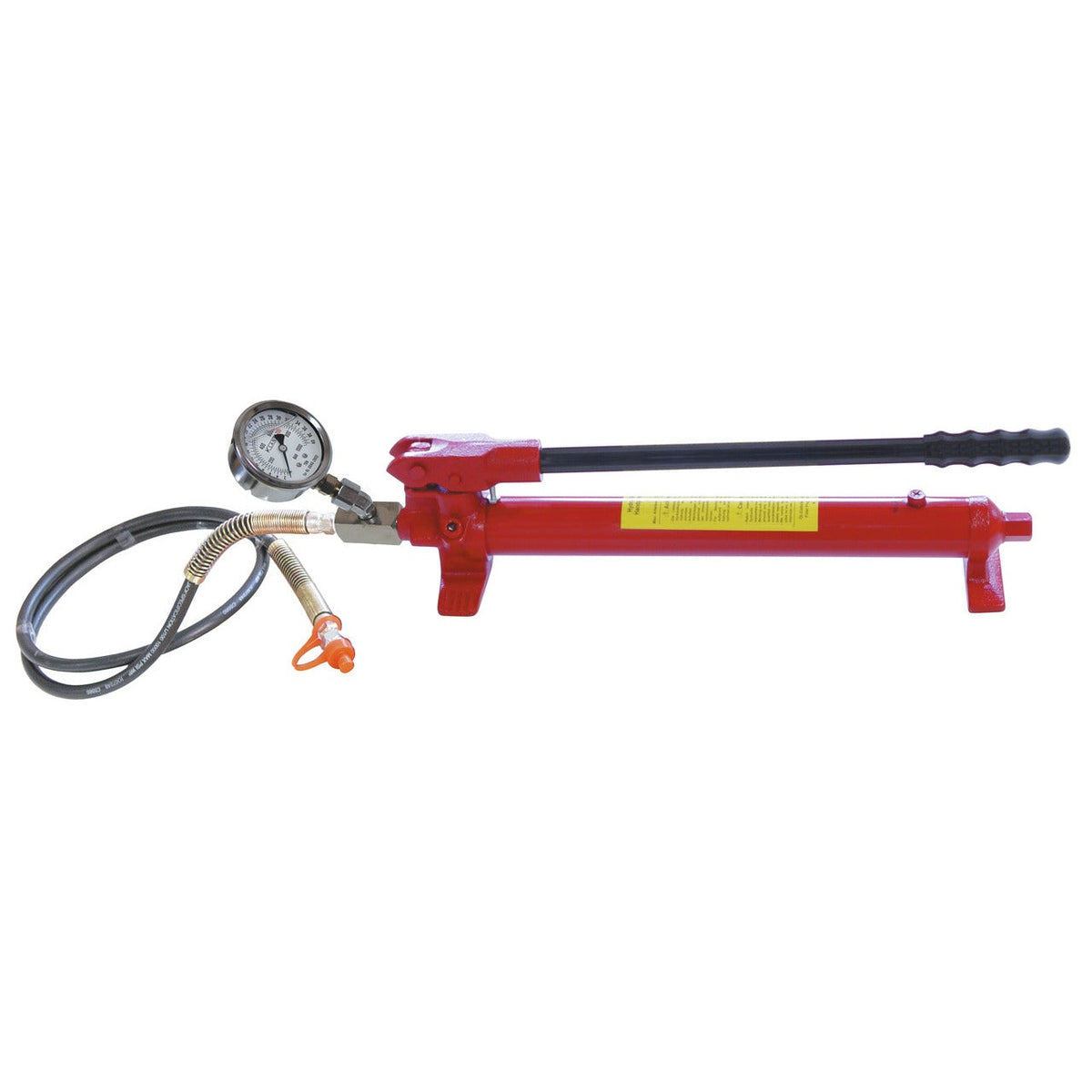 KL-0215-35 M28 - Bomba manual hidráulica con manómetro: Bomba hidráulica manual roja con manguera, manómetro y palanca