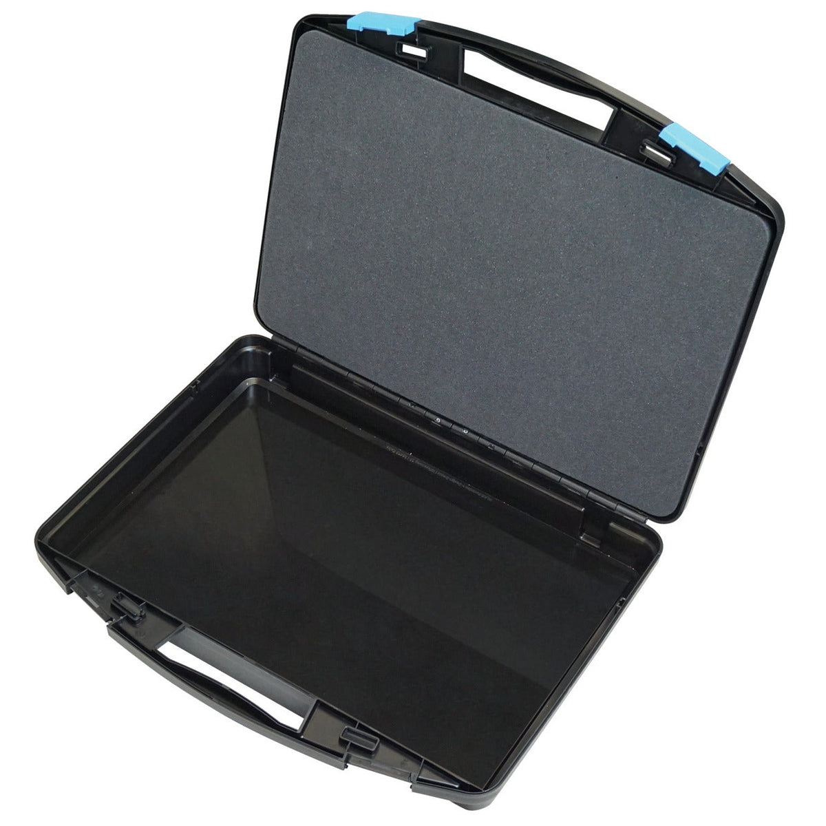KL-4990-9472 - Maletín de plástico (vacío): Maletín de plástico negro vacío, abierto, con espuma gris en la tapa