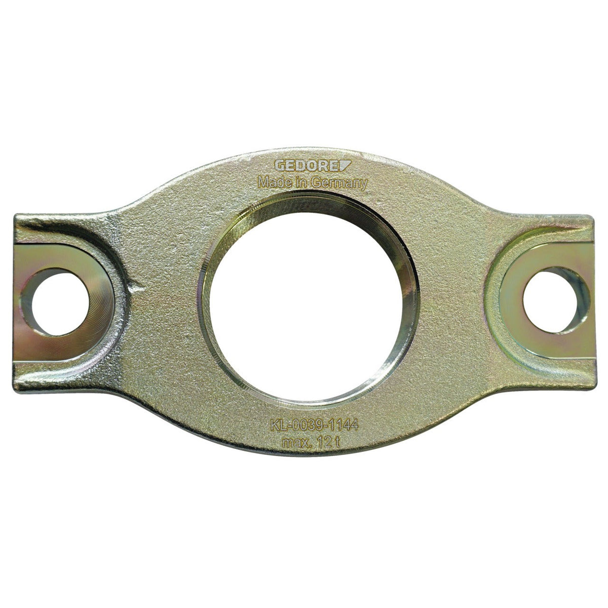 KL-0039-1144 - Placa base 2 1/4"-14 EE. UU: Placa metálica ovalada con orificio central y dos agujeros laterales de fijación