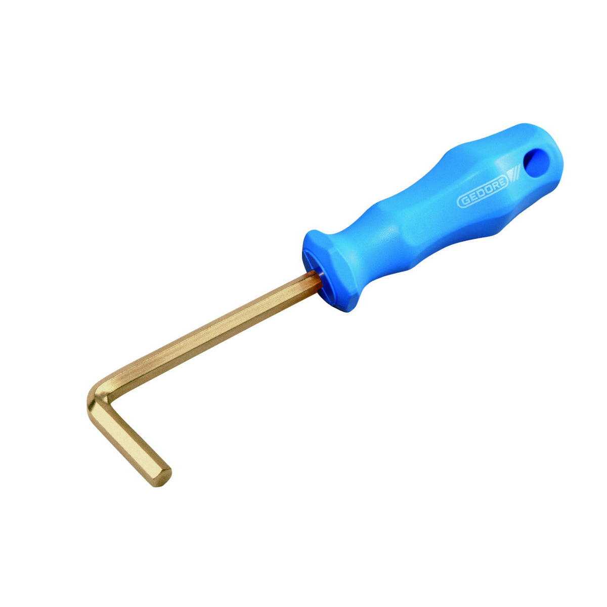 GED0250500S - Llave allen ángulo mango 12mm: Llave allen en ángulo con mango ergonómico azul y hoja dorada