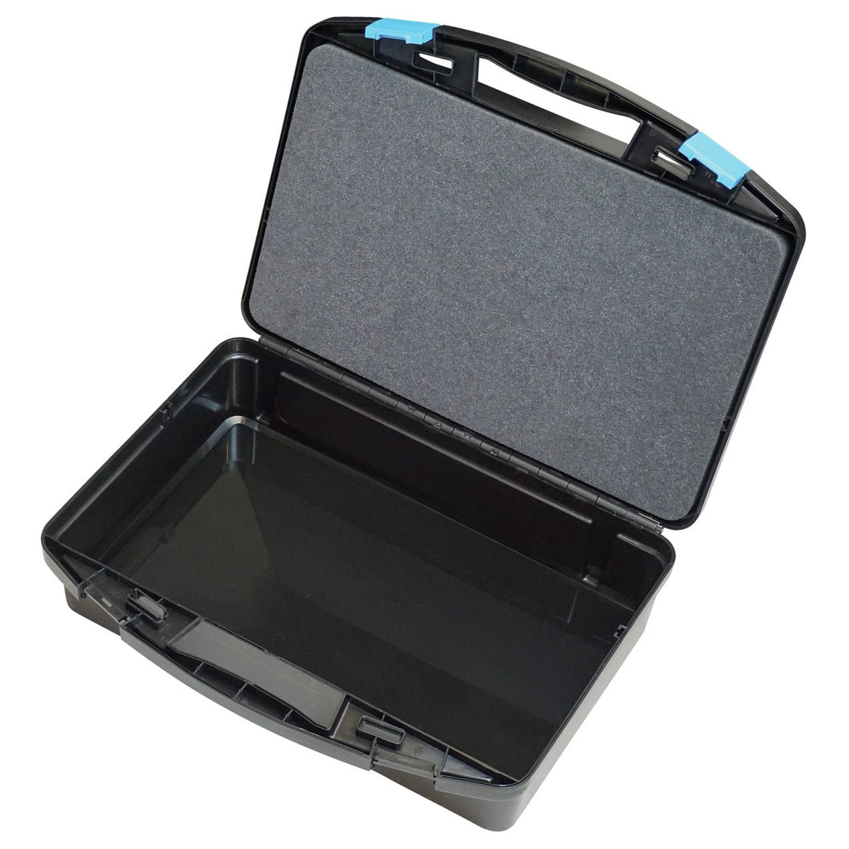 KL-4990-9374 - Maletín de plástico (vacío): Maletín de plástico negro abierto, vacío, con espuma en la tapa