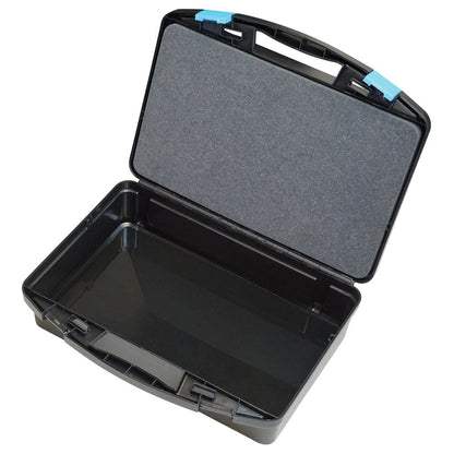 KL-4990-9374 - Maletín de plástico (vacío): Maletín de plástico negro abierto, vacío, con espuma en la tapa