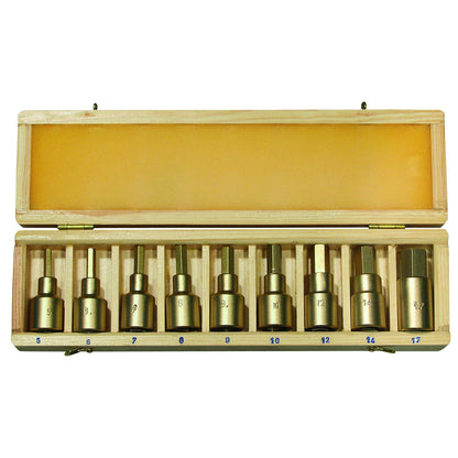 Juego de vasos destor 1/2" 12pcs: Nueve puntas hexagonales de distintos tamaños en caja de madera abierta