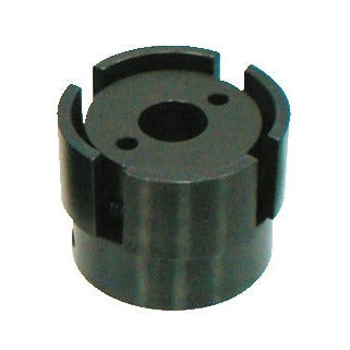 KL-1010-1402 A - Pieza de presión con resorte Ø65 mm: Pieza cilíndrica negra con ranuras laterales y orificio central