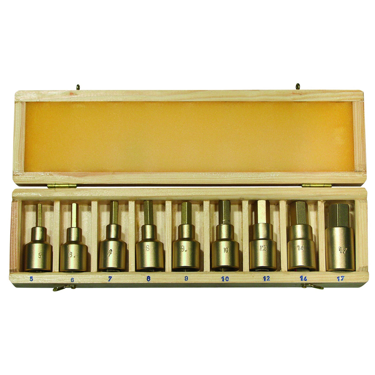 Juego de vasos destor 1/2" 16pcs: Juego de vasos hexagonales en caja de madera con tapa
