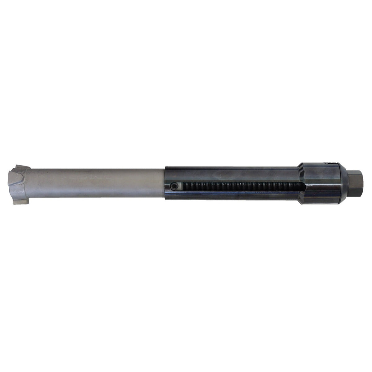 KL-0033-100 A - Cilindro de sujeción Ø33: Cilindro metálico largo con extremo dentado y cuerpo negro roscado