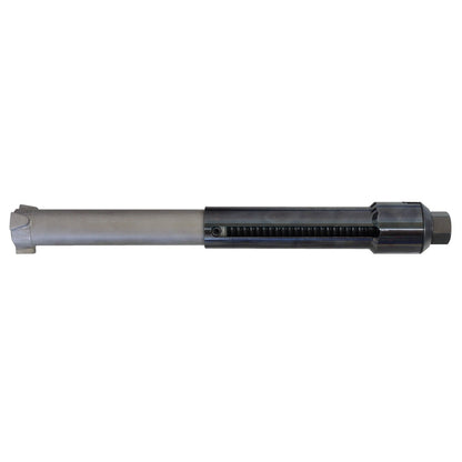 KL-0033-100 A - Cilindro de sujeción Ø33: Cilindro metálico largo con extremo dentado y cuerpo negro roscado