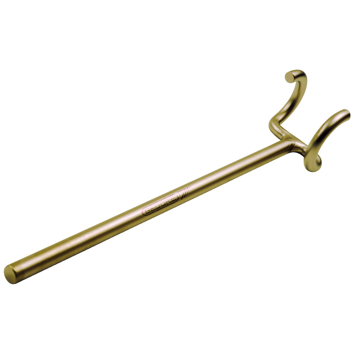 Llave rueda maniobra B Ø62x102mm: Barra larga con dos ganchos curvos en un extremo, acabado dorado