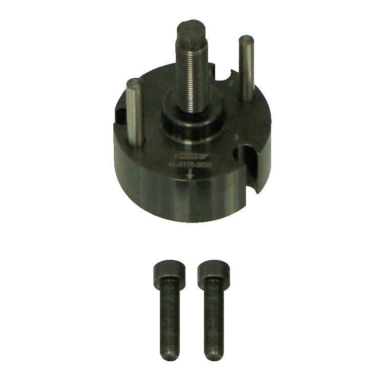 KL-0178-3030 - Brida con husillo: Disco metálico con espárragos, husillo roscado central y dos tornillos sueltos