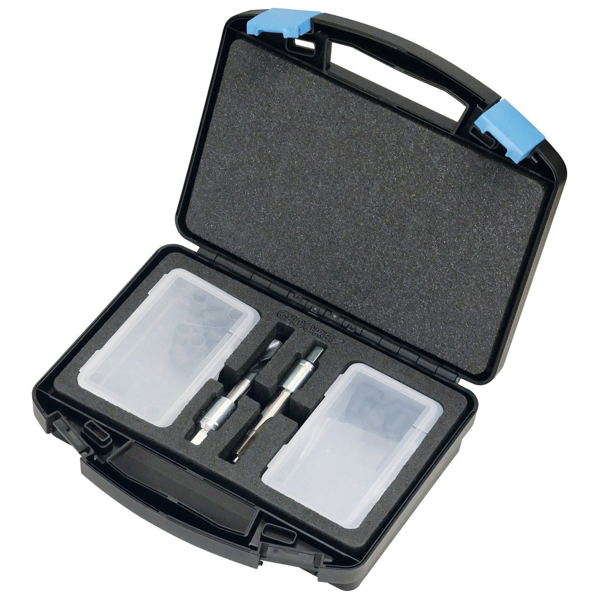 KL-0132-57 K - Kit de reparación de roscas de bujías incandescentes, universal, M8x1 + M10x1: Maletín negro abierto con broca