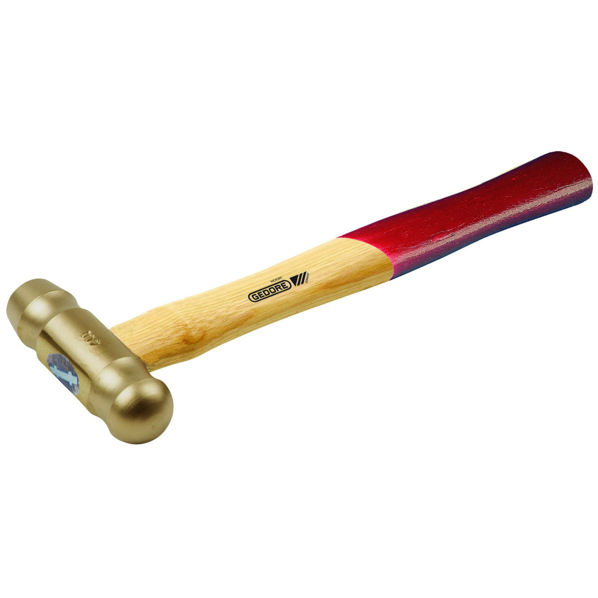 Martillo montador 600 g: Martillo de cabezas redondas en latón con mango de madera y extremo rojo