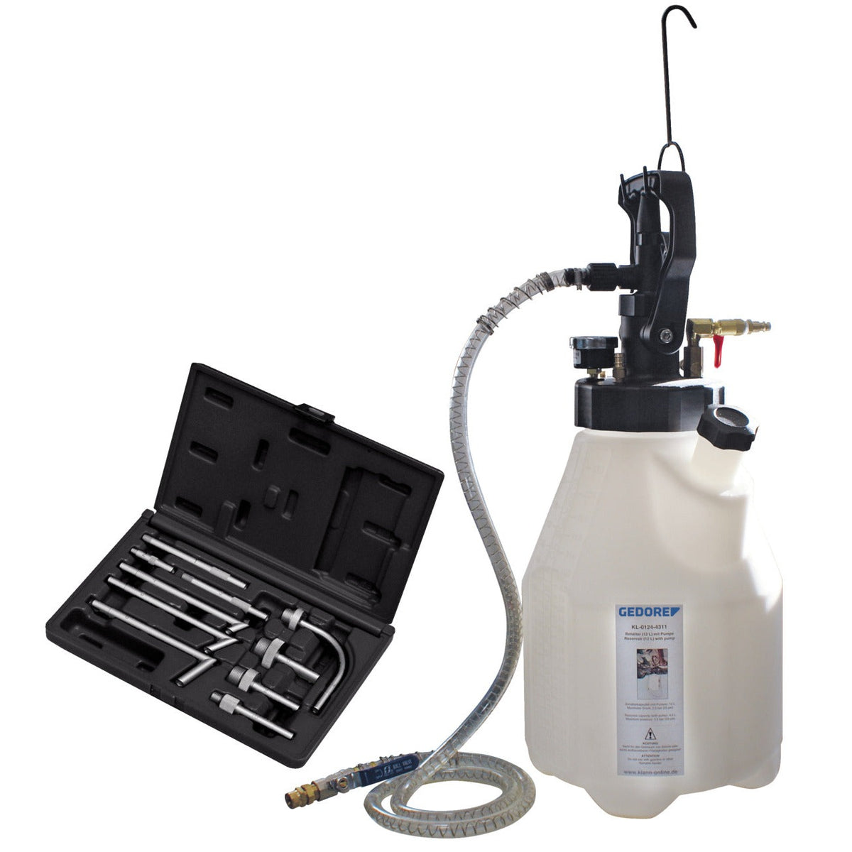 KL-0124-43 - Bomba de aceite con depósito, 12 litros: Depósito con bomba manual, manguera y maletín con adaptadores metálicos