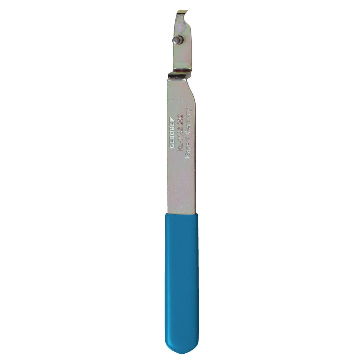KL-0192-202 - Gancho: Gancho metálico con punta curvada y mango largo azul