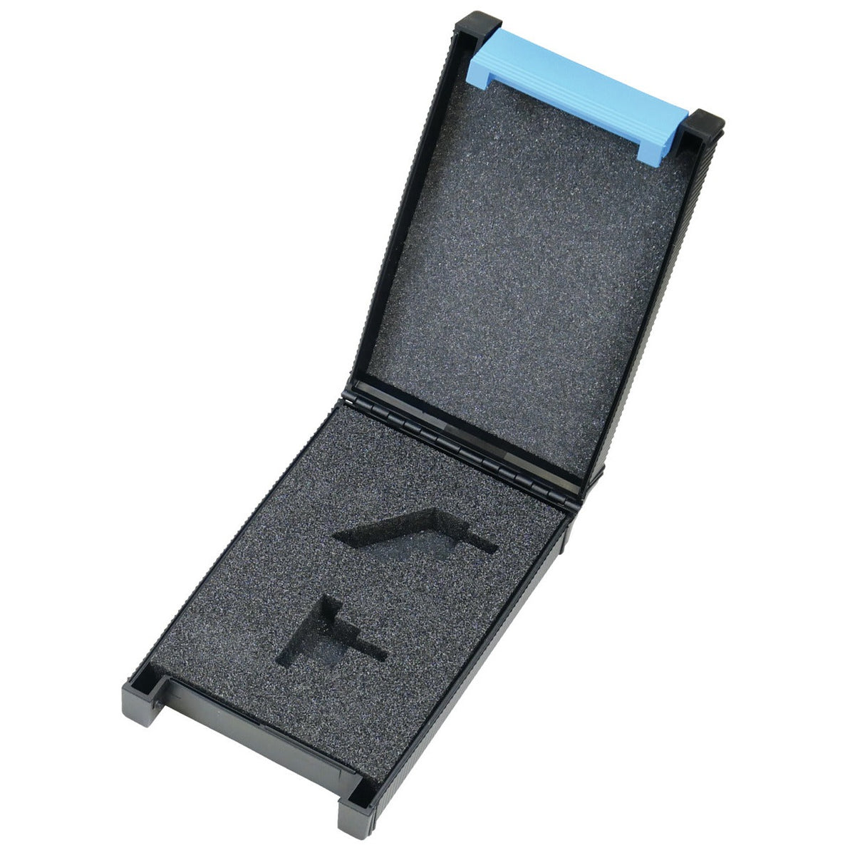 KL-0183-7090 - Contendor de plastico: Estuche negro abierto con espuma recortada y asa azul