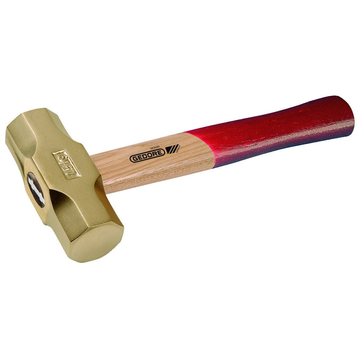 Martillo de minero 1500 g ATEX: Martillo con cabeza metálica dorada y mango de madera con base roja