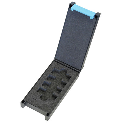 KL-0511-4090 - Estuche de plástico con inserto: Estuche rígido abierto con espuma recortada para herramientas y asa azul