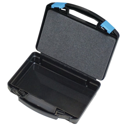 KL-4990-9224 - Maletín de plástico (vacío): Maletín de plástico negro abierto con espuma en la tapa y cierres azules