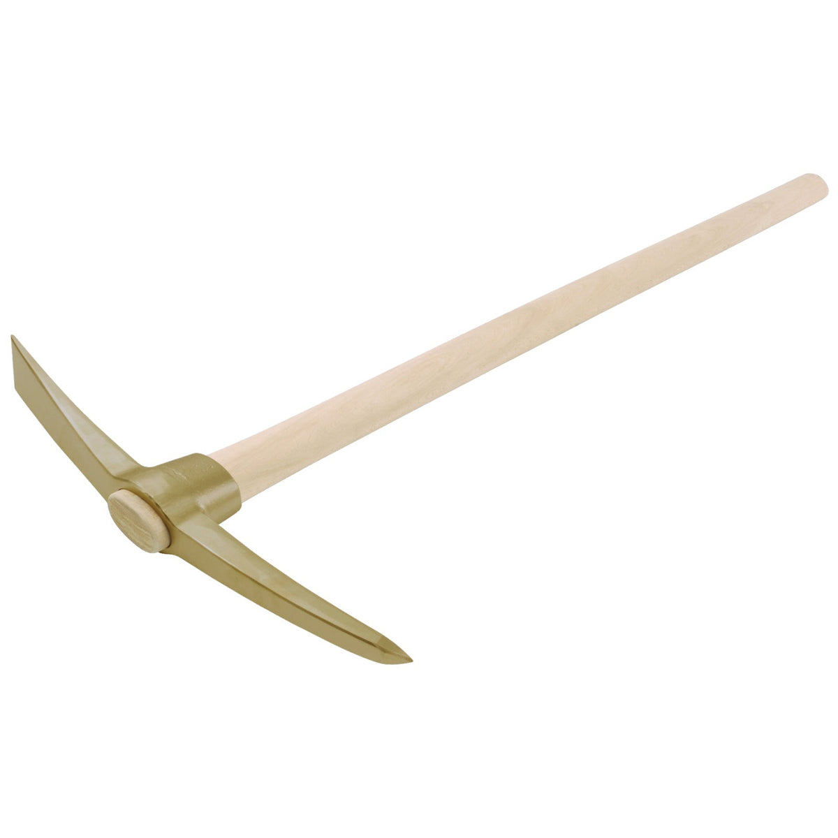 Piocha con mango 550 mm ATEX: Piocha con dos puntas metálicas doradas y mango largo de madera