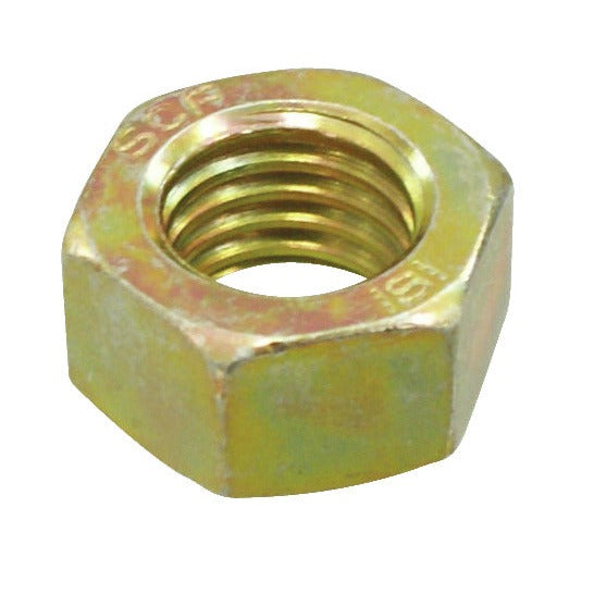 KL-0049-2004 - Tuerca SK M14: Tuerca hexagonal metálica con acabado dorado y rosca interior visible