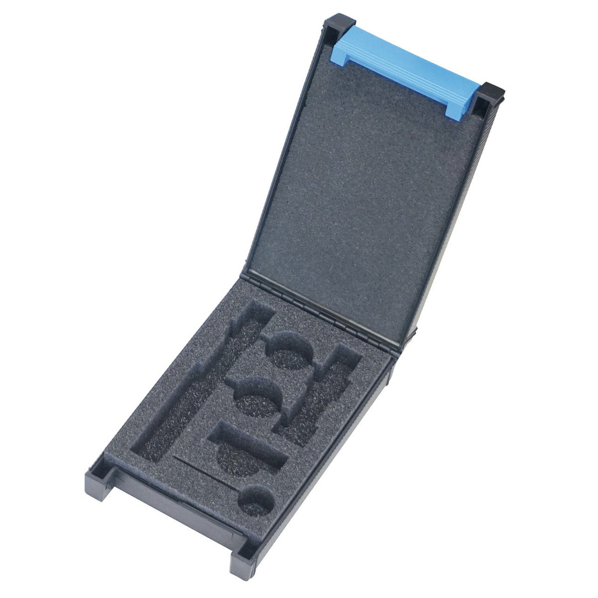 KL-0280-1089 - Contendor de plastico: Estuche negro abierto con espuma recortada para herramientas y asa azul