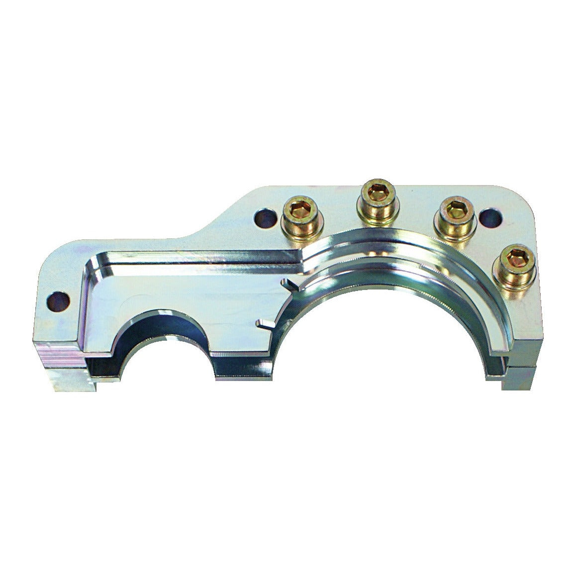 KL-0280-292 - herramienta de sujeción: Soporte metálico mecanizado con orificio semicircular y cuatro tornillos allen dorados