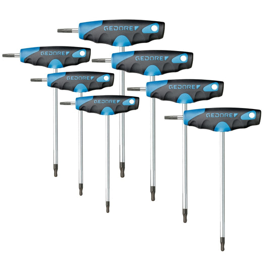 Juego de 7 llaves Torx TX acodadas GEDORE con mango en T y punta de bola, medidas T10 a T40