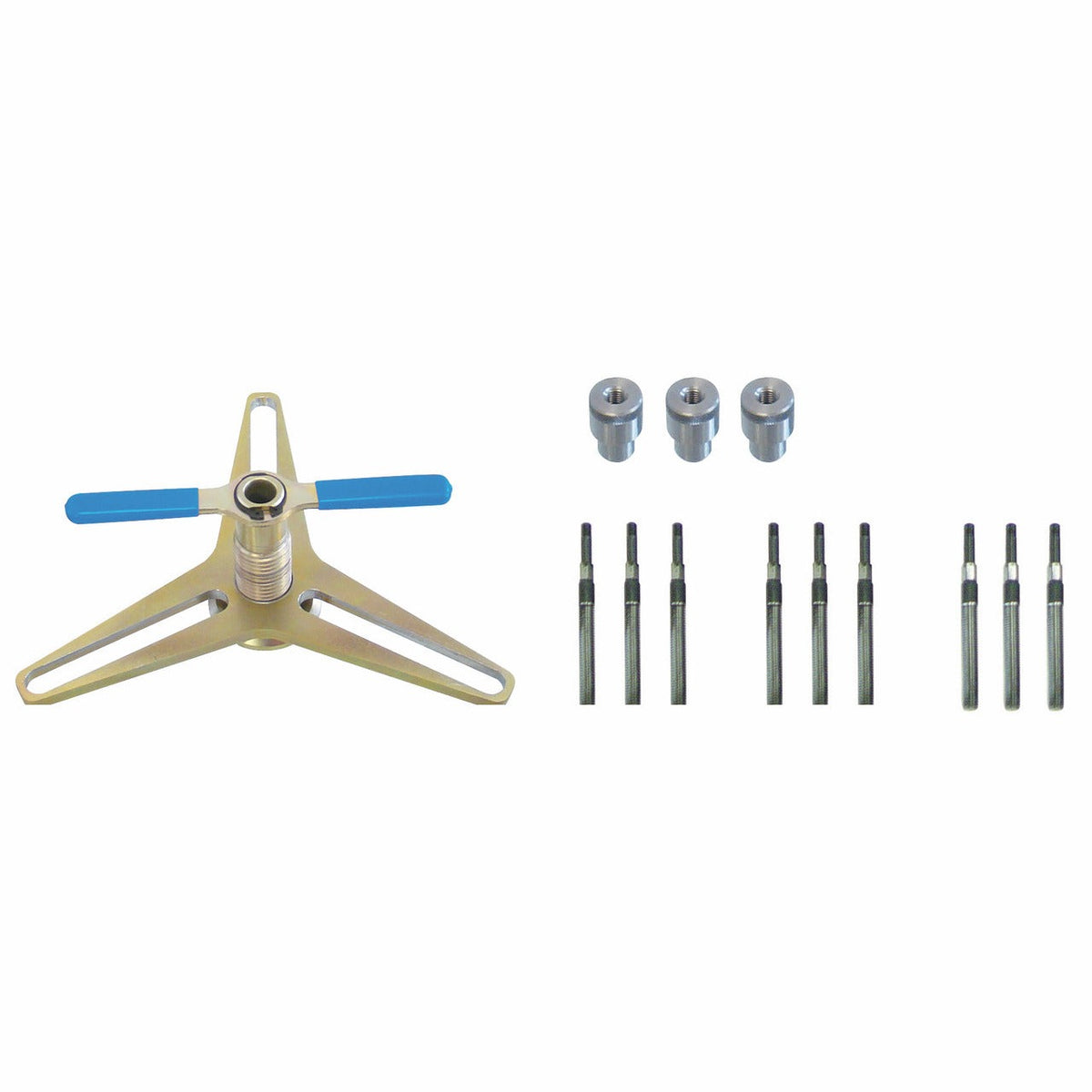 KL-0500-401 - Pretensor de embrague Paso de 3 orificios: Extractor de tres brazos con mango azul y juego de casquillos