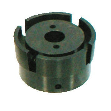 KL-1010-2202 - Pieza de presión con resorte Ø75 mm: Pieza cilíndrica metálica con ranuras laterales y orificio central
