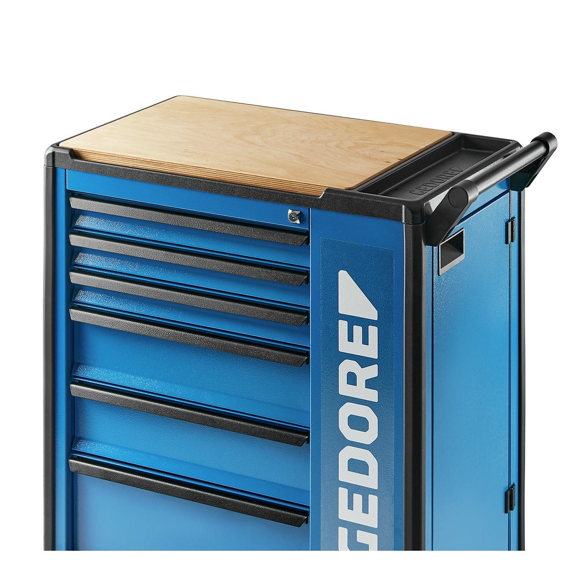 2005 HP - Panel de madera laminada 590x410x30 mm: Carro de taller azul con cajones y superficie de madera