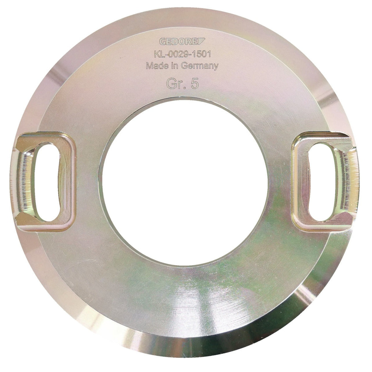 KL-0029-1501 - Anillo de soporte tamaño 5: Disco metálico circular con orificio central y dos ranuras rectangulares opuestas