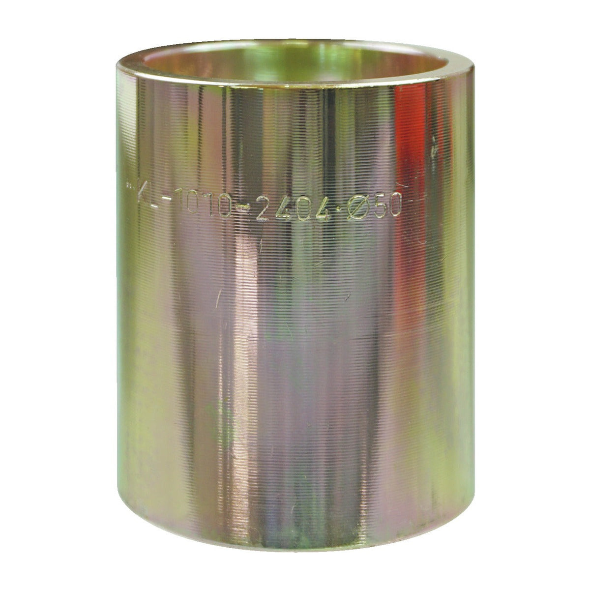 KL-1010-2404 - Pieza de presión Ø50 mm: Casquillo cilíndrico metálico con acabado dorado e inscripción grabada