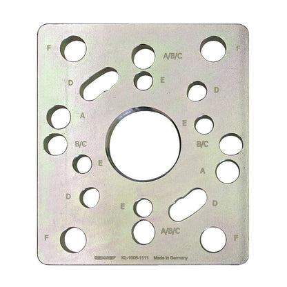 KL-1005-1111 - Placa adaptadora: Placa metálica perforada con orificios de varios diámetros etiquetados A a F