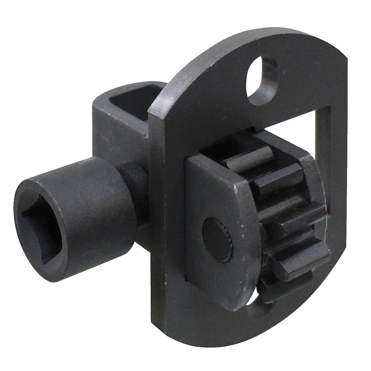 KL-0363-2 A - Herramienta de rotación del motor, 2 piñones: Pieza metálica negra con engranaje dentado, hexágono y placa