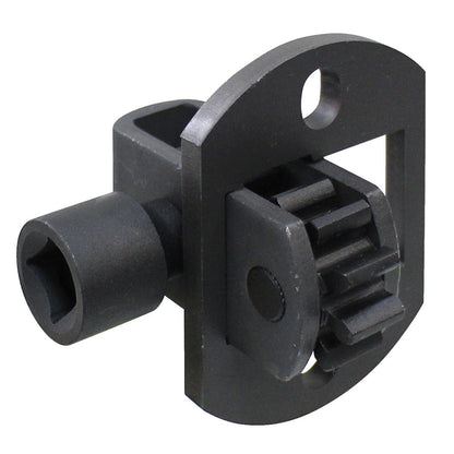 KL-0363-2 A - Herramienta de rotación del motor, 2 piñones: Pieza metálica negra con engranaje dentado, hexágono y placa