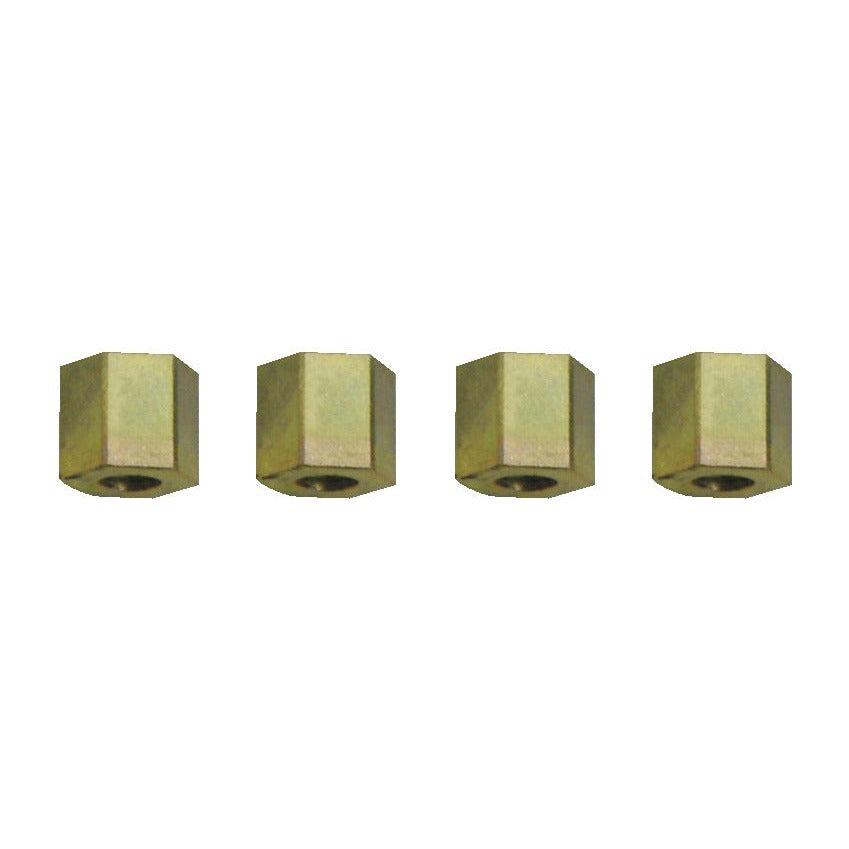 KL-0186-1252 - Juego de tuercas espaciadoras 10mm: Cuatro tuercas hexagonales metálicas doradas alineadas en fila