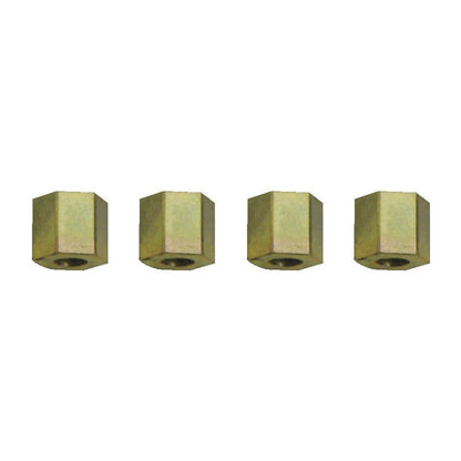 KL-0186-1252 - Juego de tuercas espaciadoras 10mm: Cuatro tuercas hexagonales metálicas doradas alineadas en fila