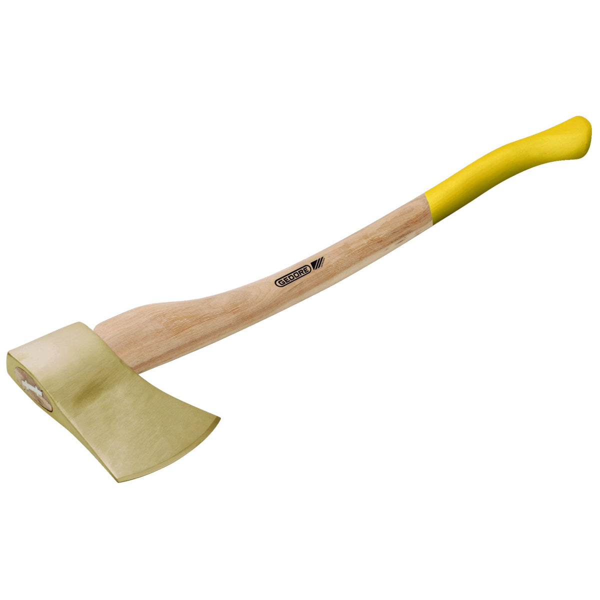 Hacha 750 mm AntiChispa: Hacha con mango de madera curvo, empuñadura amarilla y cabeza dorada