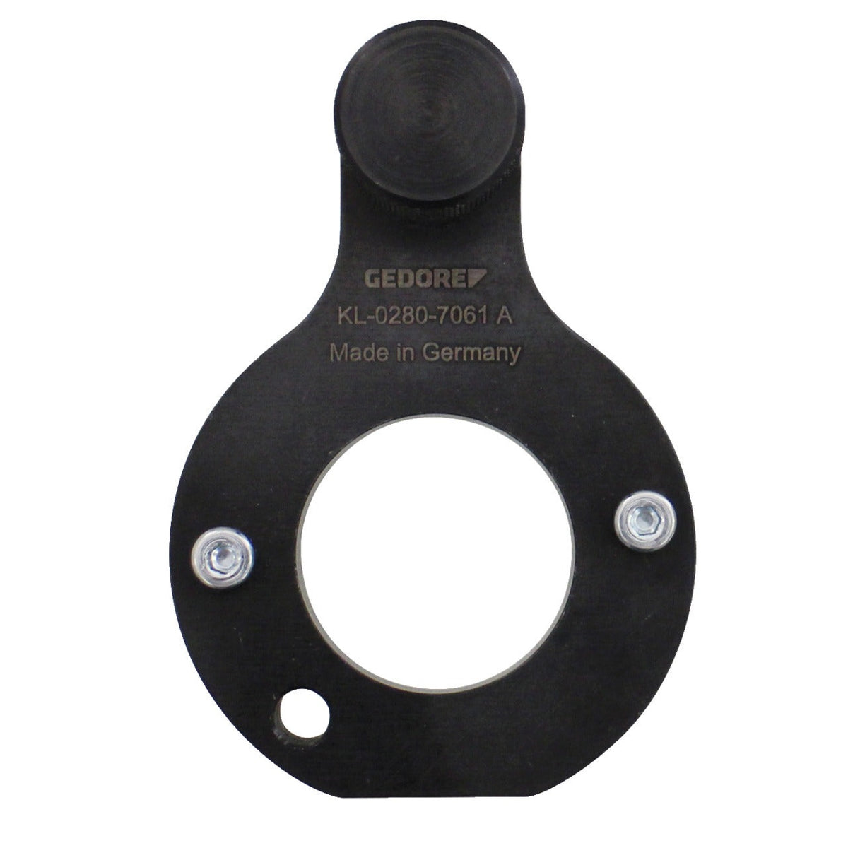 KL-0280-7061 A - Herramienta de bloqueo del cigüeñal: Placa negra circular con orificio central, dos tornillos