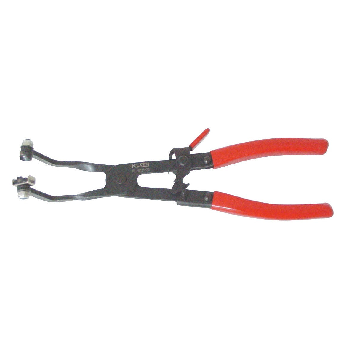 KL-0121-23 - Alicates para abrazaderas de manguera, acodados: Alicate acodado con mordazas curvas y mangos rojos con seguro