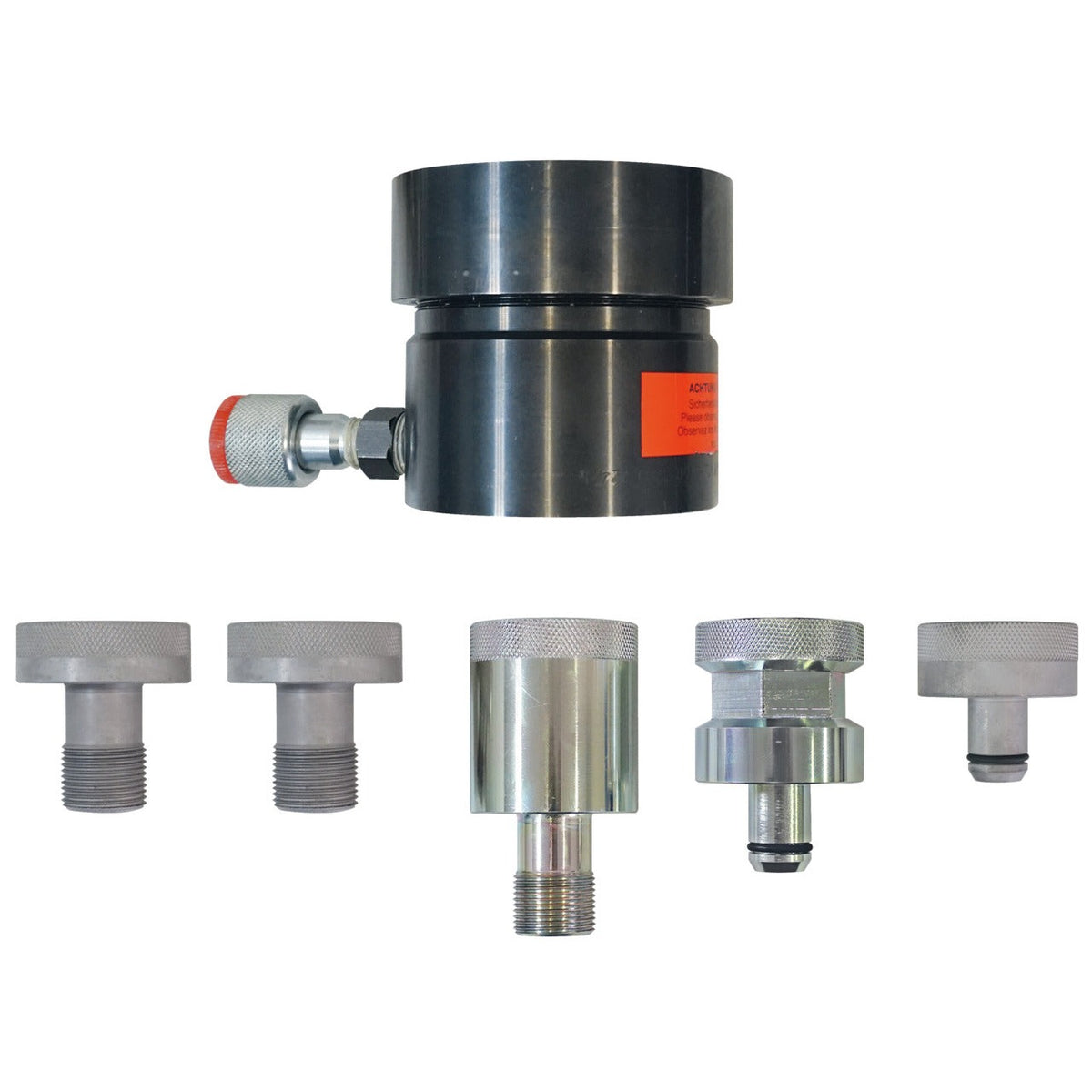 KL-1029-20 A - Press de ruedas/press de cuerpo: Cilindro hidráulico con válvula y cinco adaptadores roscados intercambiables