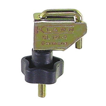 KL-0121-2 - Dispositivo de sujeción: Grapa metálica dorada con asa y pomo negro de ajuste roscado